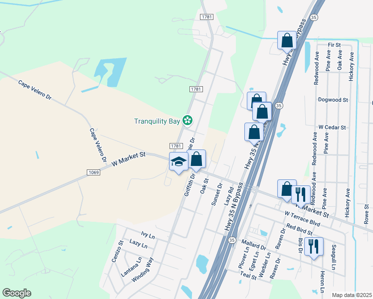 map of restaurants, bars, coffee shops, grocery stores, and more near 109 Donnie Drive in Rockport