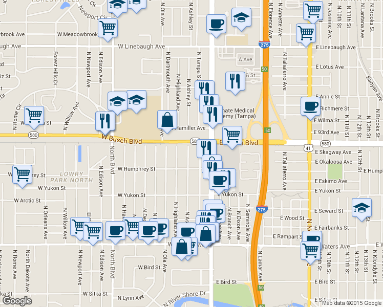 map of restaurants, bars, coffee shops, grocery stores, and more near 8915 North Ashley Street in Tampa