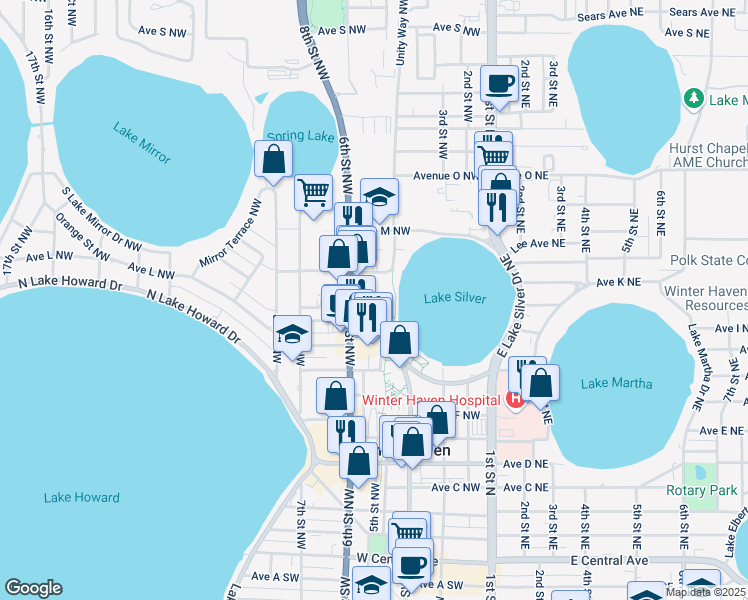 map of restaurants, bars, coffee shops, grocery stores, and more near 520 Ave K Northwest in Winter Haven