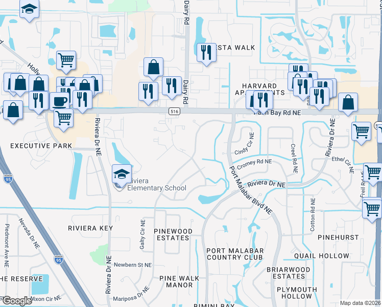 map of restaurants, bars, coffee shops, grocery stores, and more near 1401 Sheafe Avenue Northeast in Palm Bay