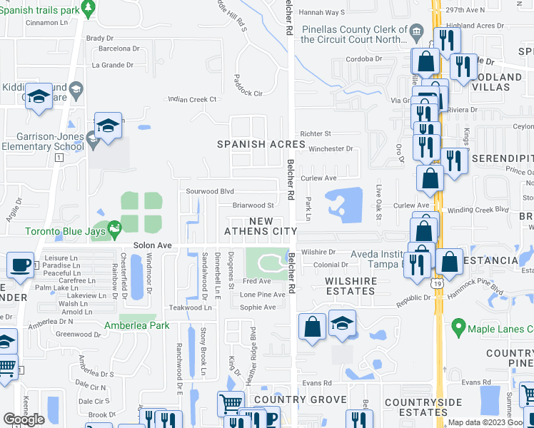 map of restaurants, bars, coffee shops, grocery stores, and more near 254 Platon Avenue in Dunedin