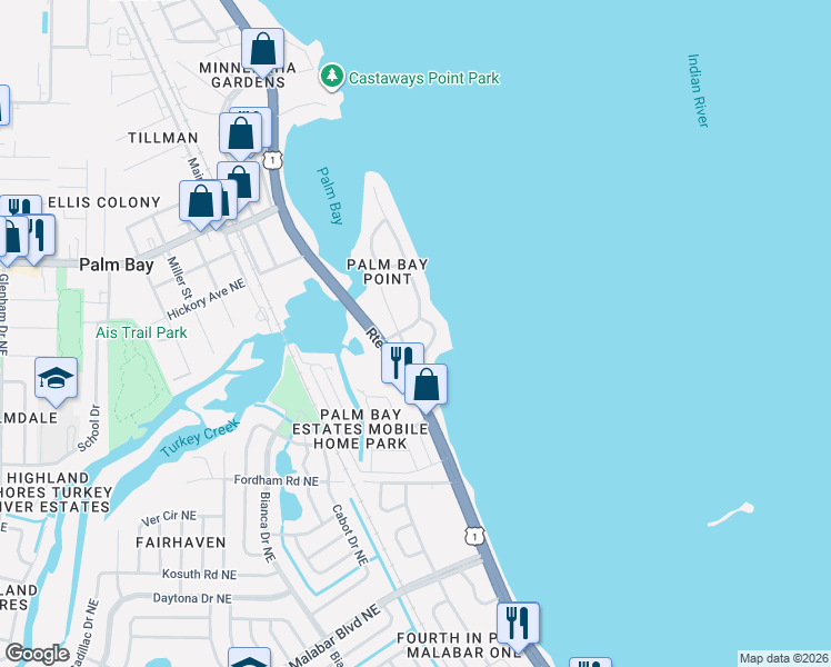 map of restaurants, bars, coffee shops, grocery stores, and more near 1413 Anglers Drive Northeast in Palm Bay