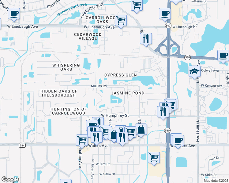map of restaurants, bars, coffee shops, grocery stores, and more near 8724 Mallard Reserve Drive in Tampa