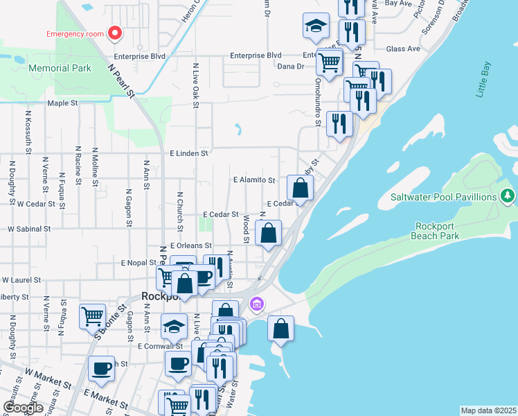 map of restaurants, bars, coffee shops, grocery stores, and more near 1005 North Allen Street in Rockport