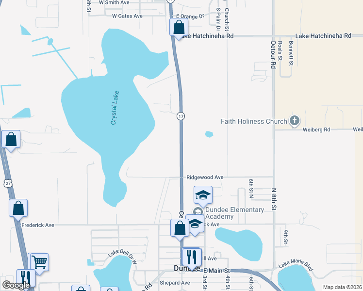 map of restaurants, bars, coffee shops, grocery stores, and more near 907 Center Street in Dundee