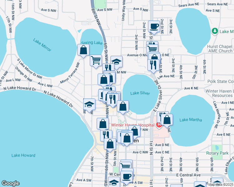 map of restaurants, bars, coffee shops, grocery stores, and more near 520 Avenue K Northwest in Winter Haven