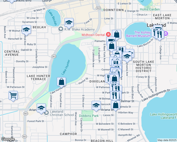 map of restaurants, bars, coffee shops, grocery stores, and more near 933 South Lakeside Avenue in Lakeland