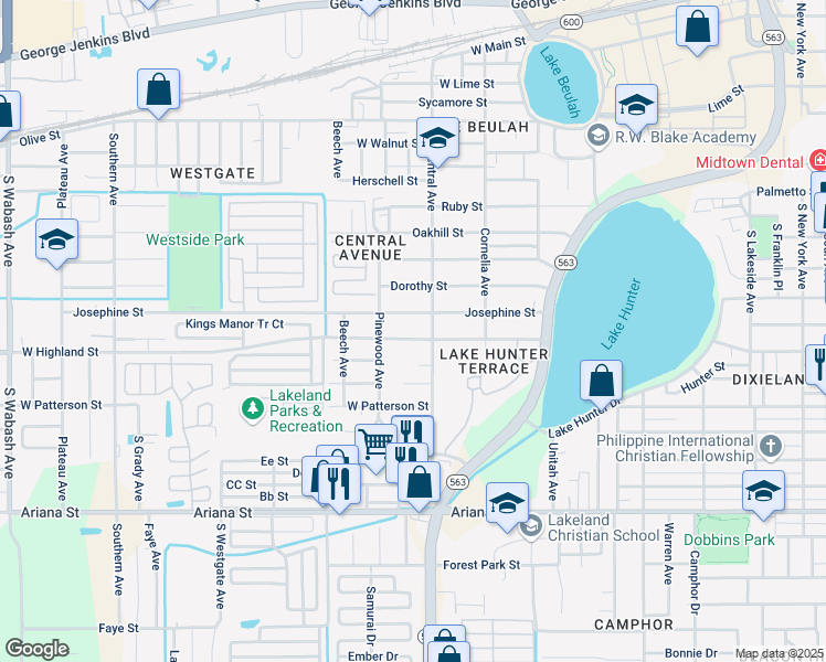 map of restaurants, bars, coffee shops, grocery stores, and more near 1241 West Highland Street in Lakeland
