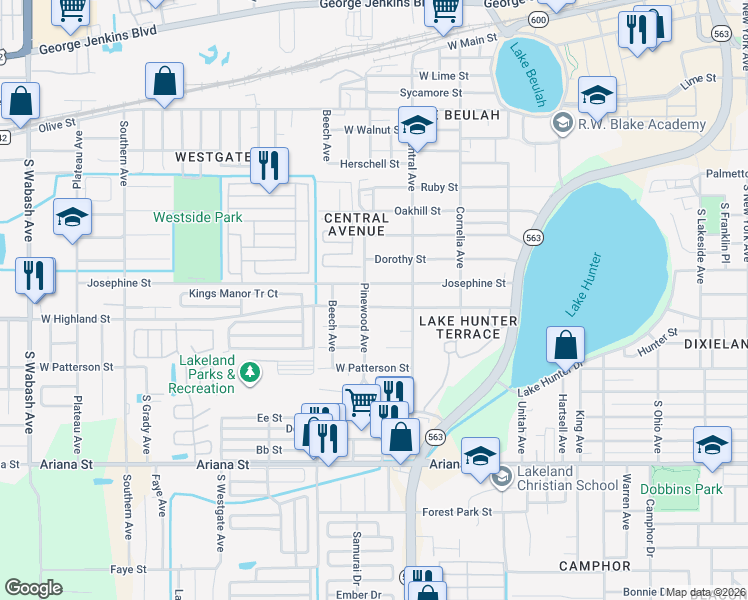 map of restaurants, bars, coffee shops, grocery stores, and more near 1241 West Highland Street in Lakeland