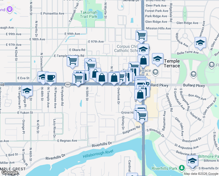 map of restaurants, bars, coffee shops, grocery stores, and more near 5143 Florida 580 in Tampa