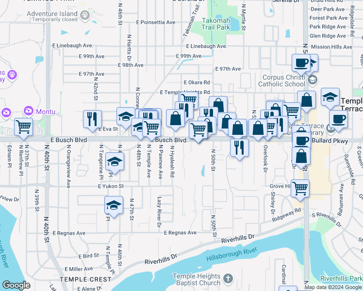 map of restaurants, bars, coffee shops, grocery stores, and more near 8743 Busch Oaks Street in Tampa