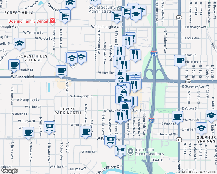 map of restaurants, bars, coffee shops, grocery stores, and more near 8913 North Ashley Street in Tampa