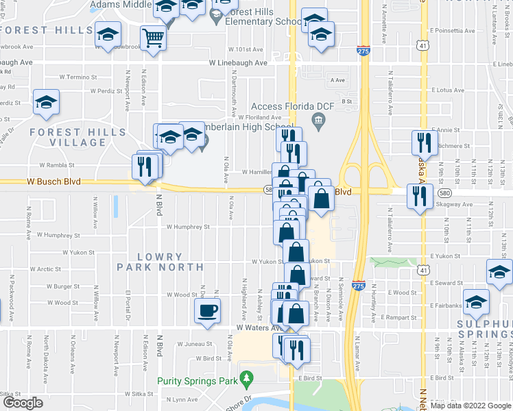 map of restaurants, bars, coffee shops, grocery stores, and more near 8913 North Ashley Street in Tampa