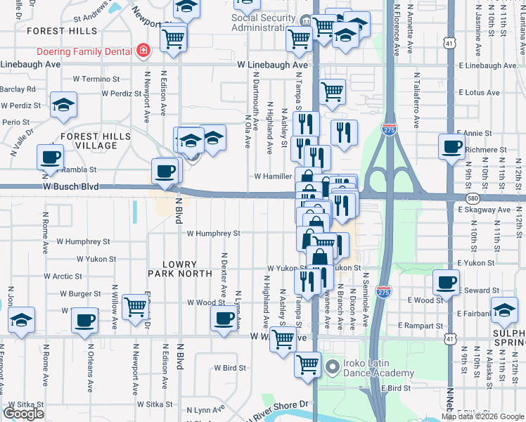 map of restaurants, bars, coffee shops, grocery stores, and more near 8914 North Highland Avenue in Tampa