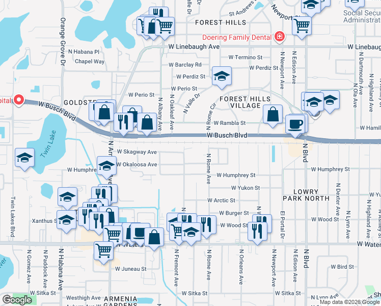 map of restaurants, bars, coffee shops, grocery stores, and more near 8919 North Jones Avenue in Tampa