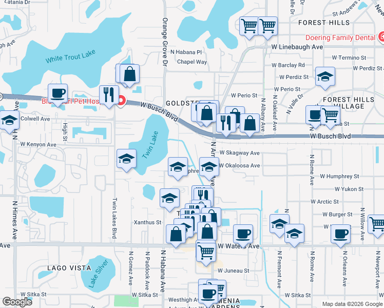 map of restaurants, bars, coffee shops, grocery stores, and more near 8913 North Arrawana Avenue in Tampa