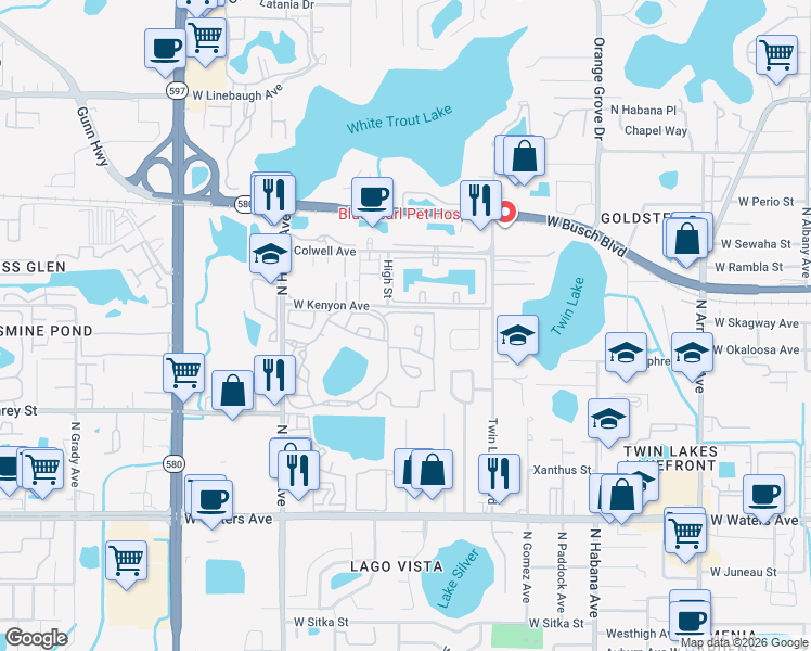 map of restaurants, bars, coffee shops, grocery stores, and more near 8562 North Himes Avenue in Tampa