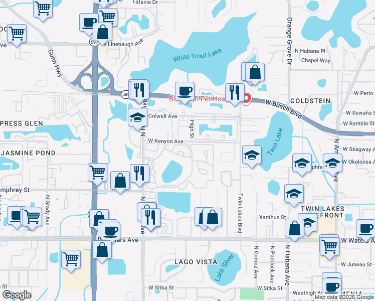 map of restaurants, bars, coffee shops, grocery stores, and more near 8697 Key Royale Lane in Tampa
