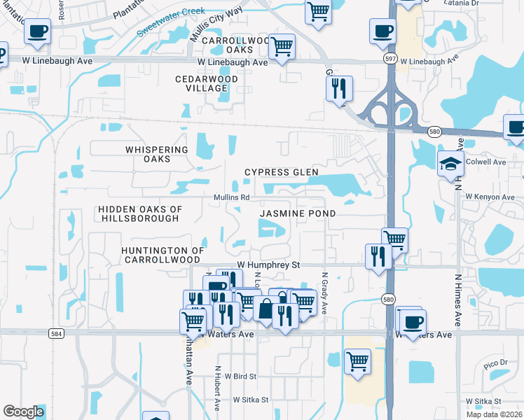 map of restaurants, bars, coffee shops, grocery stores, and more near 8754 Mallard Reserve Drive in Tampa