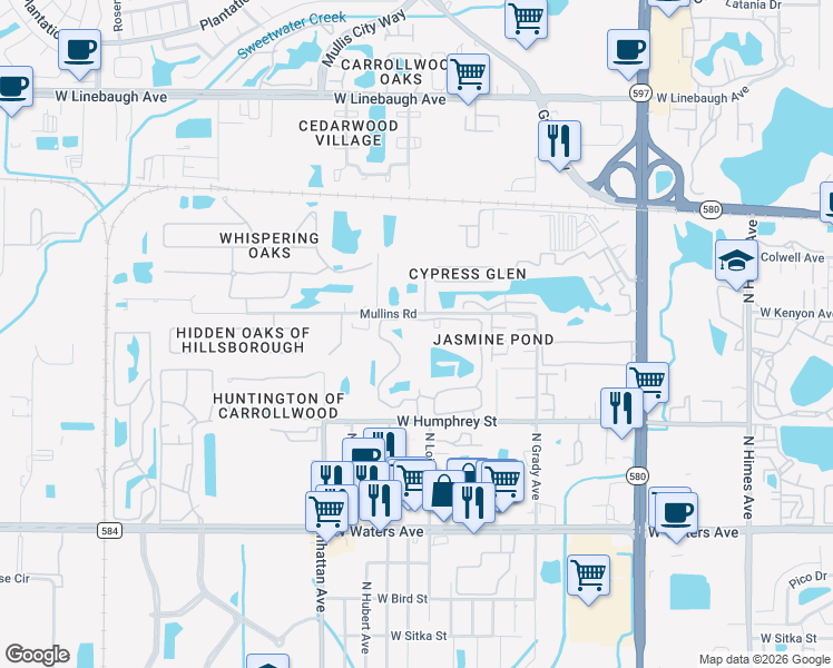 map of restaurants, bars, coffee shops, grocery stores, and more near 8754 Mallard Reserve Drive in Tampa