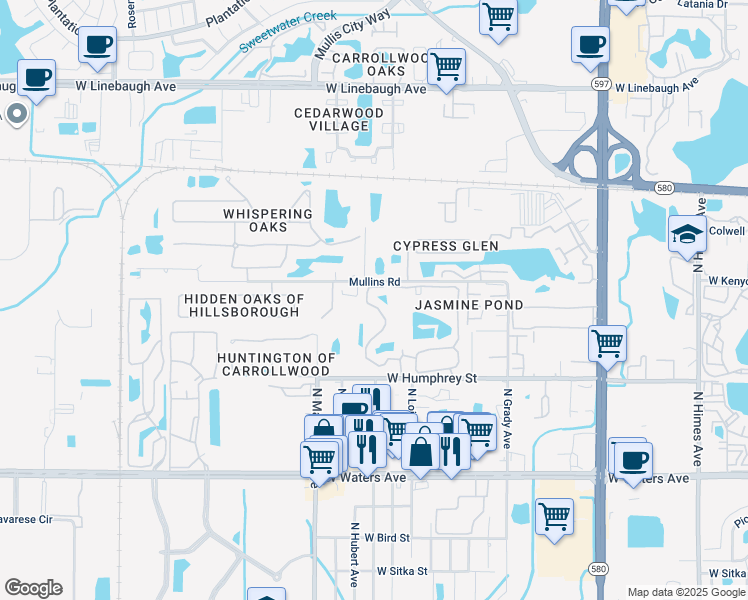 map of restaurants, bars, coffee shops, grocery stores, and more near 8713 Fancy Finch Drive in Tampa