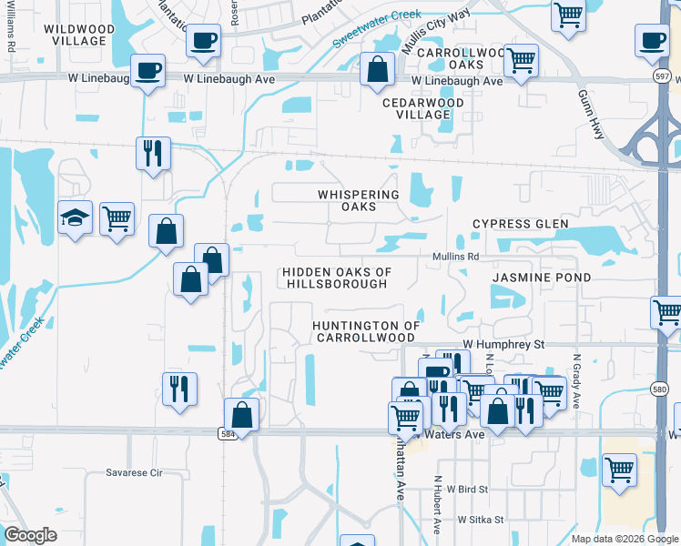 map of restaurants, bars, coffee shops, grocery stores, and more near 4504 Hidden Shadow Drive in Tampa