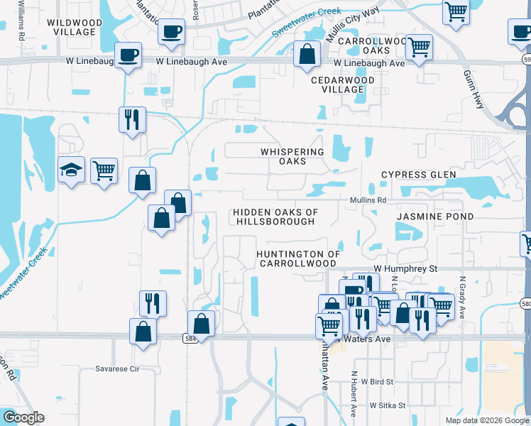 map of restaurants, bars, coffee shops, grocery stores, and more near 4518 Hidden Shadow Drive in Tampa
