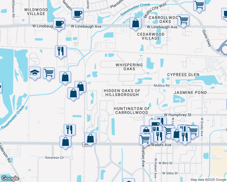 map of restaurants, bars, coffee shops, grocery stores, and more near 4516 Hidden Shadow Drive in Tampa