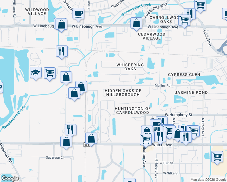 map of restaurants, bars, coffee shops, grocery stores, and more near 4516 Hidden Shadow Drive in Tampa