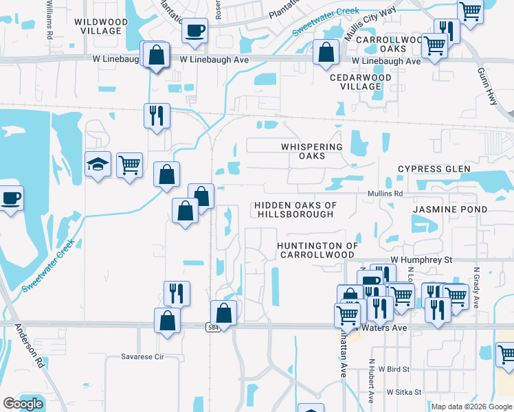 map of restaurants, bars, coffee shops, grocery stores, and more near 4604 Hidden Shadow Drive in Tampa