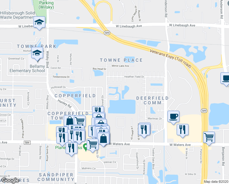 map of restaurants, bars, coffee shops, grocery stores, and more near 6908 Lakeview Court in Tampa