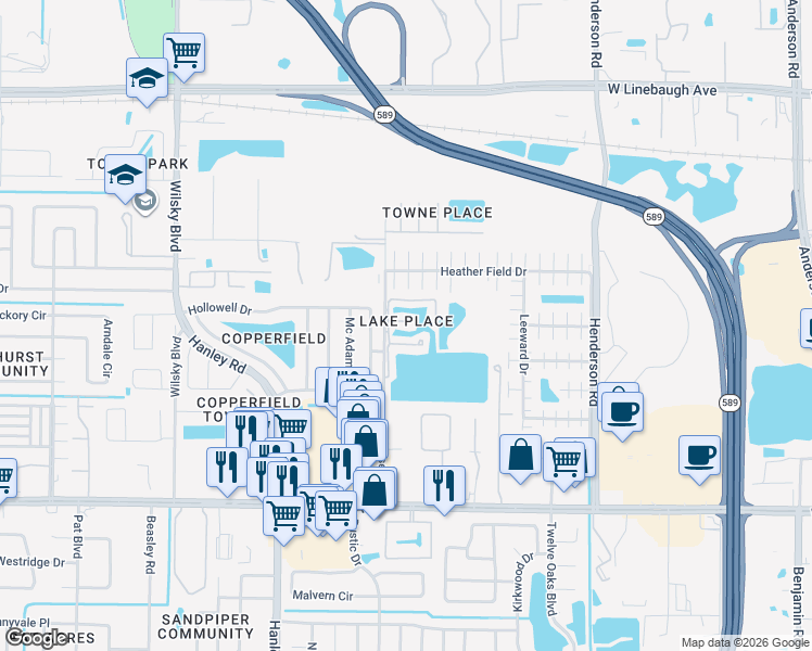 map of restaurants, bars, coffee shops, grocery stores, and more near 6908 Lakeview Court in Tampa