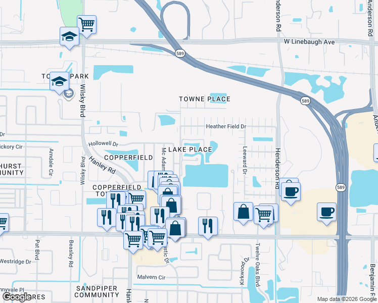 map of restaurants, bars, coffee shops, grocery stores, and more near 6908 Lakeview Court in Tampa