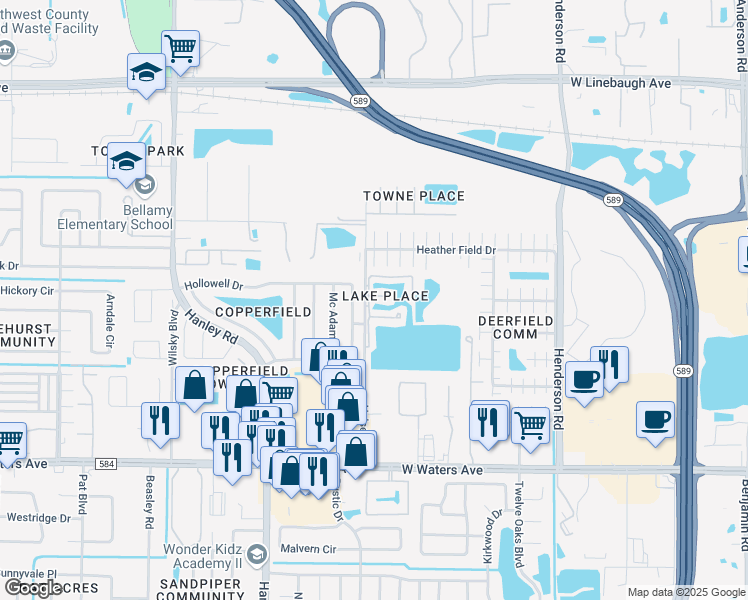 map of restaurants, bars, coffee shops, grocery stores, and more near 7109 Hollowell Drive in Tampa