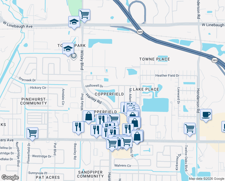 map of restaurants, bars, coffee shops, grocery stores, and more near 8726 Lindenhurst Place in Tampa