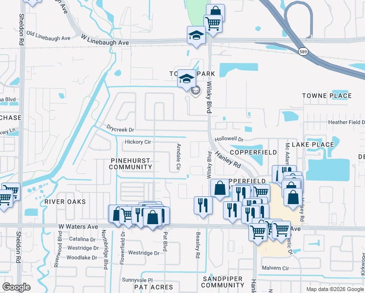 map of restaurants, bars, coffee shops, grocery stores, and more near 9063 Arndale Circle in Tampa