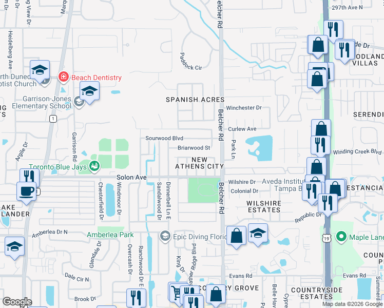 map of restaurants, bars, coffee shops, grocery stores, and more near 256 Platon Avenue in Dunedin