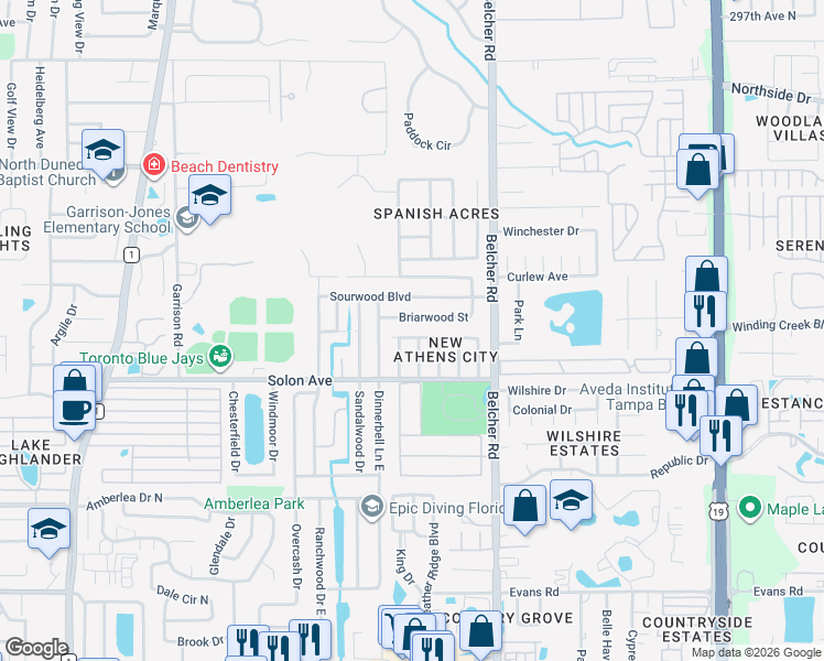 map of restaurants, bars, coffee shops, grocery stores, and more near 264 Platon Avenue in Dunedin
