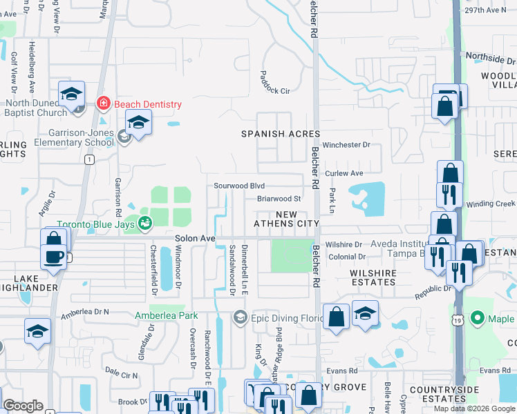 map of restaurants, bars, coffee shops, grocery stores, and more near 264 Platon Avenue in Dunedin