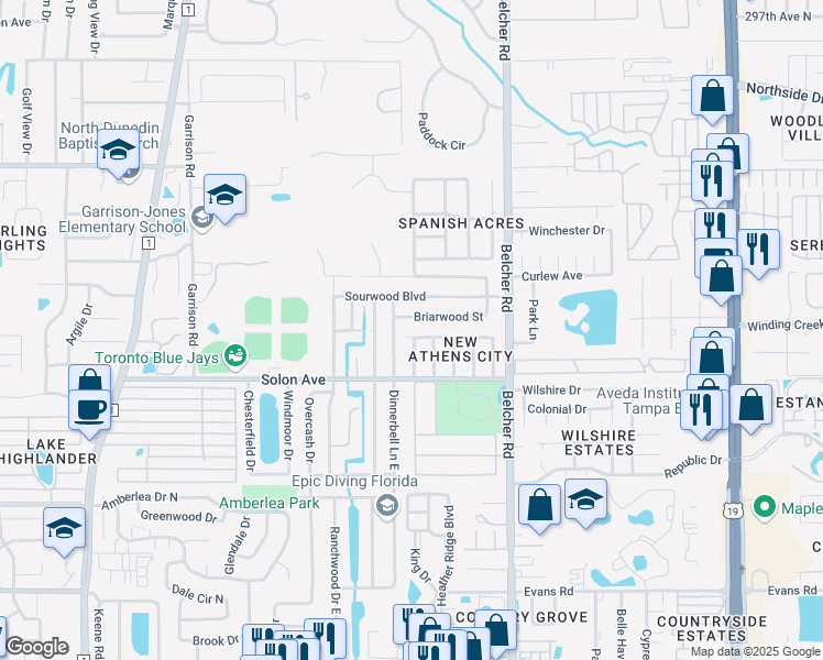 map of restaurants, bars, coffee shops, grocery stores, and more near 264 Platon Avenue in Dunedin