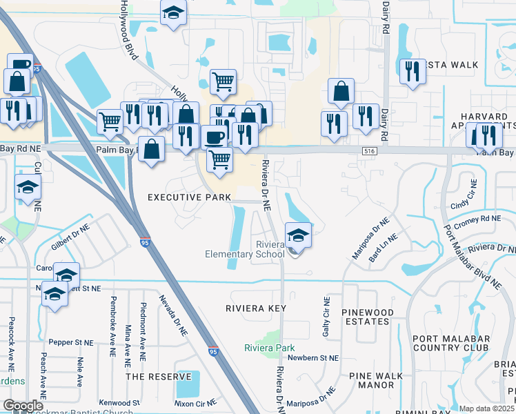 map of restaurants, bars, coffee shops, grocery stores, and more near 500 Larch Circle Northeast in Palm Bay