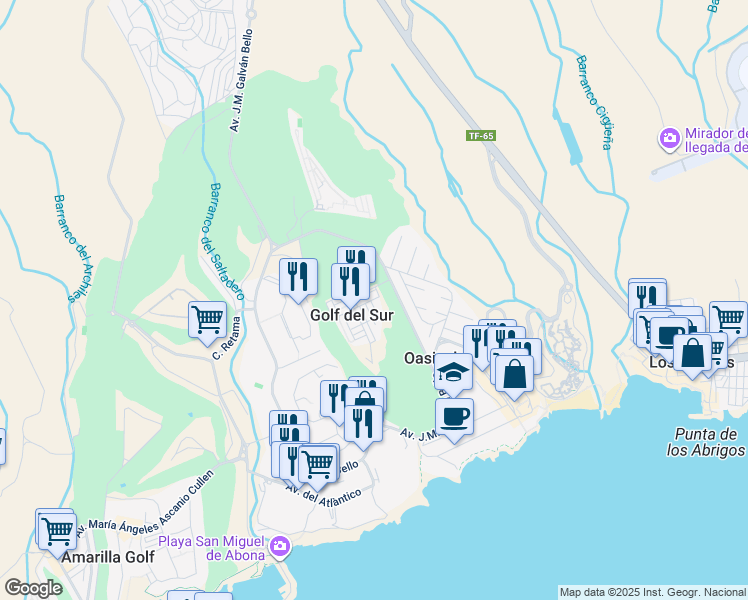 map of restaurants, bars, coffee shops, grocery stores, and more near 103 Calle Farway Village in Santa Cruz de Tenerife