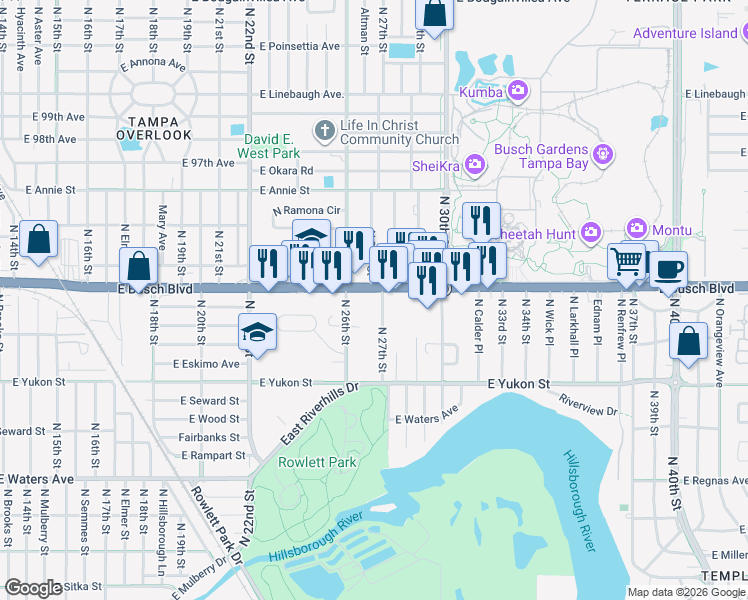 map of restaurants, bars, coffee shops, grocery stores, and more near 2625 East Busch Boulevard in Tampa
