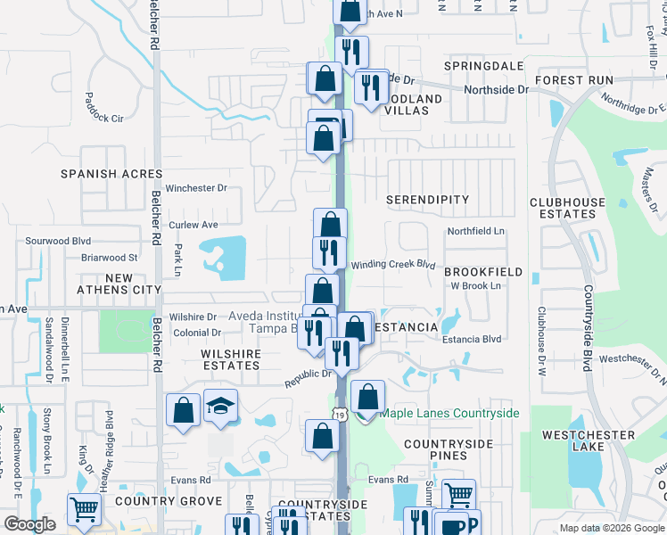 map of restaurants, bars, coffee shops, grocery stores, and more near 28600 US Highway 19 North in Clearwater
