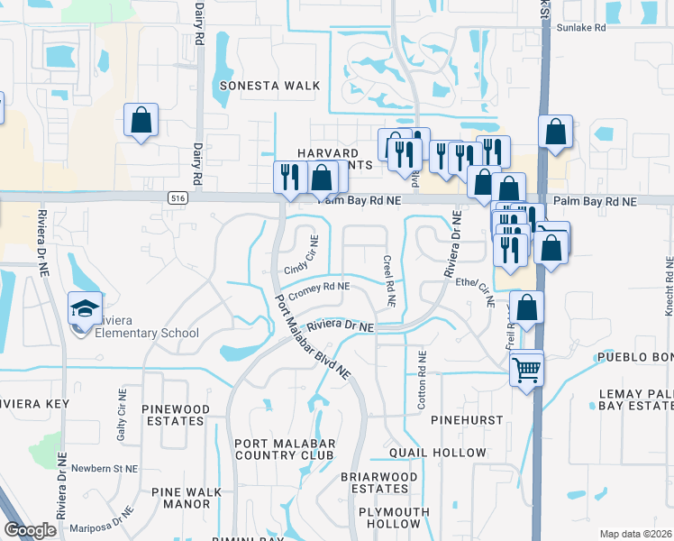 map of restaurants, bars, coffee shops, grocery stores, and more near 1321 Creel Road Northeast in Palm Bay