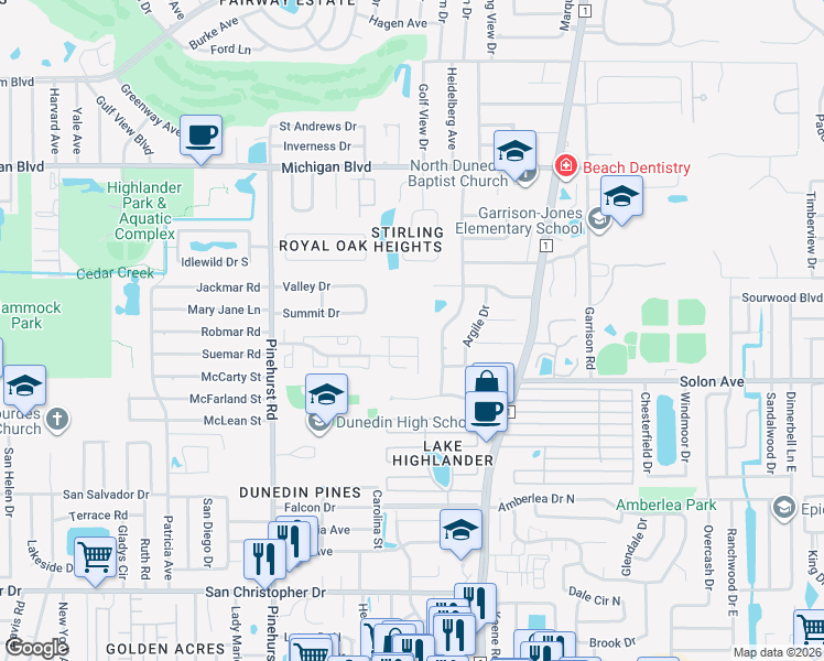 map of restaurants, bars, coffee shops, grocery stores, and more near 1924 Brae-Moor Drive in Dunedin
