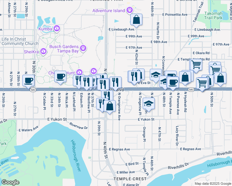 map of restaurants, bars, coffee shops, grocery stores, and more near 4107 East Hill Crest Circle in Tampa