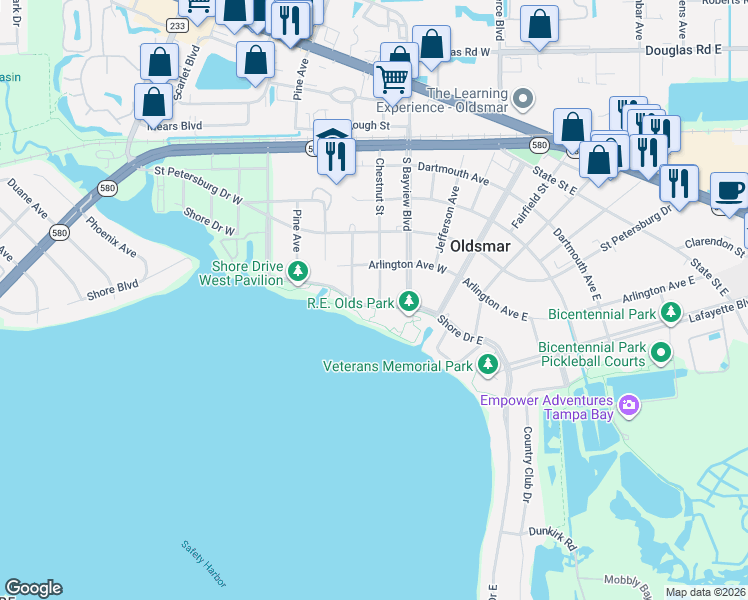 map of restaurants, bars, coffee shops, grocery stores, and more near 300 Shore Drive West in Oldsmar