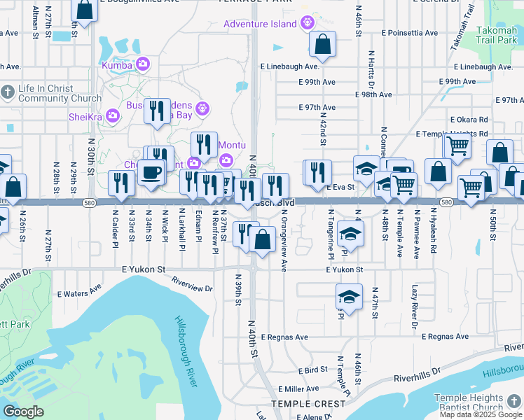 map of restaurants, bars, coffee shops, grocery stores, and more near 4001 Florida 580 in Tampa