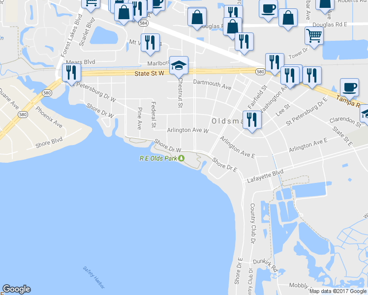 map of restaurants, bars, coffee shops, grocery stores, and more near 300 Shore Drive West in Oldsmar